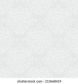 White vintage damask texture with waving and curling shapes for Christmas and holiday decor or wedding invitation background. Seamless vector pattern for winter fashion