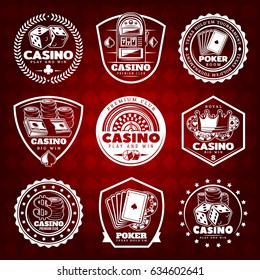 White vintage gambling labels set with casino and poker elements on red card suits background isolated vector illustration