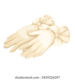 Guantes vintage blancos, disfraz de teatro de dibujos animados o accesorio de boda. Retro elegante par de guantes de seda con lazo de cinta para mujer elegante, Ilustración vectorial de elementos de ropa de moda de lujo de dibujos animados