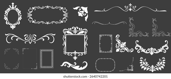 White vintage graphic elements, vintage corners, text dividers, frames, vintage lines