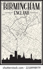 White vintage hand-drawn printout streets network map of the downtown BIRMINGHAM, ENGLAND with brown 3D city skyline and lettering