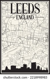 White vintage hand-drawn printout streets network map of the downtown LEEDS, ENGLAND with brown 3D city skyline and lettering