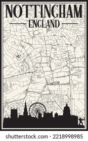 White vintage hand-drawn printout streets network map of the downtown NOTTINGHAM, ENGLAND with brown 3D city skyline and lettering