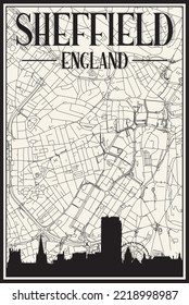 White vintage hand-drawn printout streets network map of the downtown SHEFFIELD, ENGLAND with brown 3D city skyline and lettering