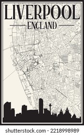 White vintage hand-drawn printout streets network map of the downtown LIVERPOOL, ENGLAND with brown 3D city skyline and lettering