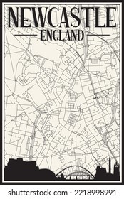 White vintage hand-drawn printout streets network map of the downtown NEWCASTLE, ENGLAND with brown 3D city skyline and lettering