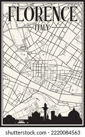 White vintage hand-drawn printout streets network map of the downtown FLORENCE, ITALY with brown highlighted city skyline and lettering