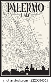 White vintage hand-drawn printout streets network map of the downtown PALERMO, ITALY with brown highlighted city skyline and lettering