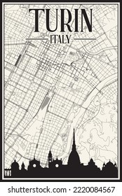 White vintage hand-drawn printout streets network map of the downtown TURIN, ITALY with brown highlighted city skyline and lettering