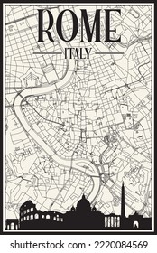 White vintage hand-drawn printout streets network map of the downtown ROME, ITALY with brown highlighted city skyline and lettering