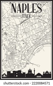 White vintage hand-drawn printout streets network map of the downtown NAPLES, ITALY with brown highlighted city skyline and lettering