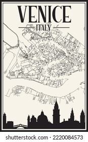 White vintage hand-drawn printout streets network map of the downtown VENICE, ITALY with brown highlighted city skyline and lettering