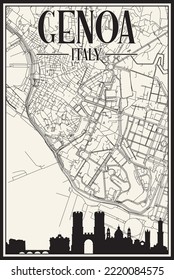 White vintage hand-drawn printout streets network map of the downtown GENOA, ITALY with brown highlighted city skyline and lettering