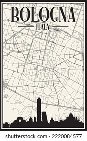 White vintage hand-drawn printout streets network map of the downtown BOLOGNA, ITALY with brown highlighted city skyline and lettering