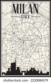 White vintage hand-drawn printout streets network map of the downtown MILAN, ITALY with brown highlighted city skyline and lettering