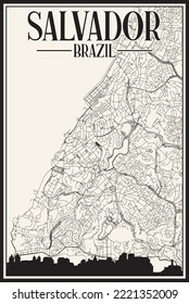 White vintage hand-drawn printout streets network map of the downtown SALVADOR, BRAZIL with highlighted city skyline and lettering