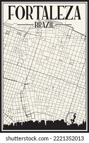 White vintage hand-drawn printout streets network map of the downtown FORTALEZA, BRAZIL with highlighted city skyline and lettering