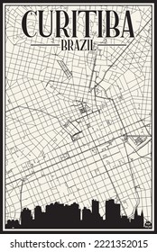 White vintage hand-drawn printout streets network map of the downtown CURITIBA, BRAZIL with highlighted city skyline and lettering