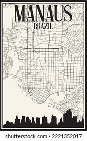 White vintage hand-drawn printout streets network map of the downtown MANAUS, BRAZIL with highlighted city skyline and lettering