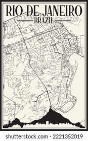 White vintage hand-drawn printout streets network map of the downtown RIO DE JANEIRO, BRAZIL with highlighted city skyline and lettering