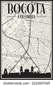 White vintage hand-drawn printout streets network map of the downtown BOGOTA, COLOMBIA with highlighted city skyline and lettering