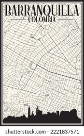 White vintage hand-drawn printout streets network map of the downtown BARRANQUILLA, COLOMBIA with highlighted city skyline and lettering