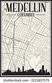 White vintage hand-drawn printout streets network map of the downtown MEDELLIN, COLOMBIA with highlighted city skyline and lettering