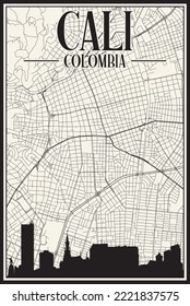 White vintage hand-drawn printout streets network map of the downtown CALI, COLOMBIA with highlighted city skyline and lettering