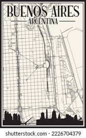 White vintage hand-drawn printout streets network map of the downtown BUENOS AIRES, ARGENTINA with highlighted city skyline and lettering