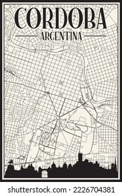 White vintage hand-drawn printout streets network map of the downtown CORDOBA, ARGENTINA with highlighted city skyline and lettering