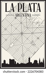 White vintage hand-drawn printout streets network map of the downtown LA PLATA, ARGENTINA with highlighted city skyline and lettering