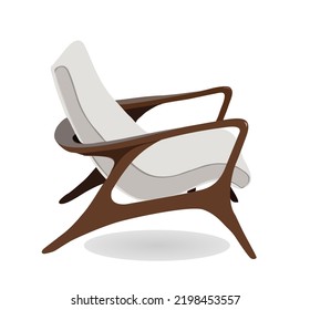 White Vintage Mid Century Modern Arm Chair Vector Realistic Illustration Side View Isolated On White Background. Comfortable Trendy Furniture For Living Room Or Lounge Zone.