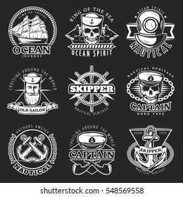 White vintage sailor emblem set with king of the ocean born free nautical heritage skipper descriptions vector illustration