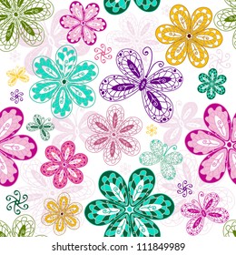 White vintage seamless pattern with colorful flowers and butterflies (vector)