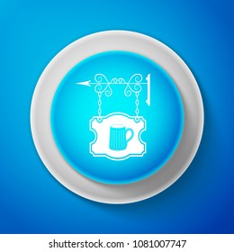 White Vintage street signboard hanging on forged brackets with wooden mug of beer icon isolated on blue background. Suitable for advertisements bar, tavern, cafe, pub, restaurant. Vector Illustration