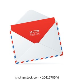 White, vintage style opened envelope with red and blue stroke and red letter, standing on a white surface. Vector envelope mockup.