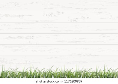 White vintage wooden texture background with green grass field. Vector illustration.