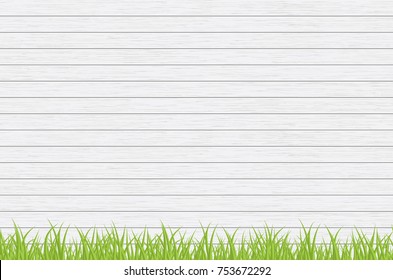 White vintage wooden texture background with green grass field. Vector illustration.