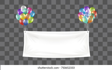white vinyl banner floating with colorful balloon