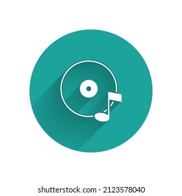 White Vinyl disk icon isolated with long shadow. Green circle button. Vector