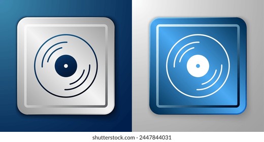 White Vinyl disk icon isolated on blue and grey background. Silver and blue square button. Vector
