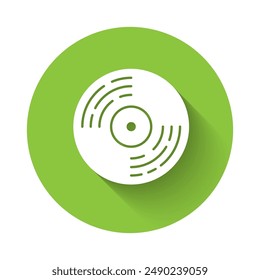 White Vinyl disk icon isolated with long shadow. Green circle button. Vector