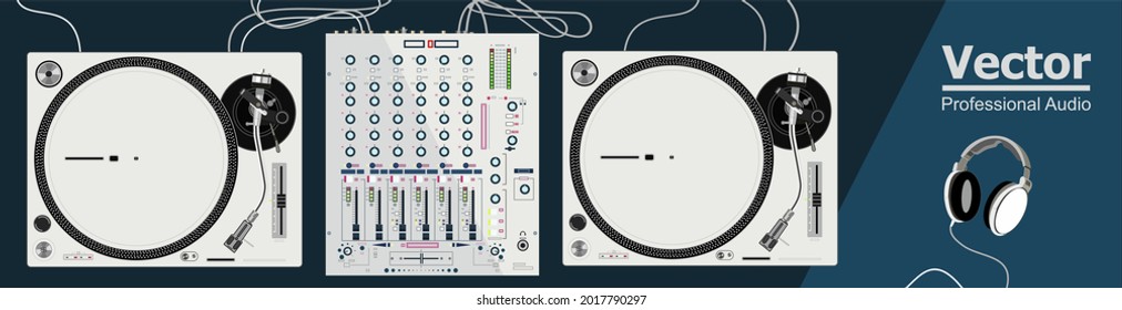 White vinyl DJ table. Realistic vector illustration. Two turntables, one mixing console. Night club, after party, festival. Aesthetic DJ equipment. Mixing studio. For postcard, poster, t-shirts, bags.