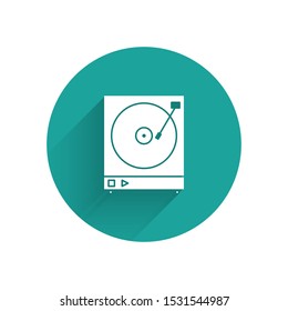 White Vinyl player with a vinyl disk icon isolated with long shadow. Green circle button. Vector Illustration