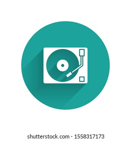 White Vinyl player with a vinyl disk icon isolated with long shadow. Green circle button. Vector Illustration