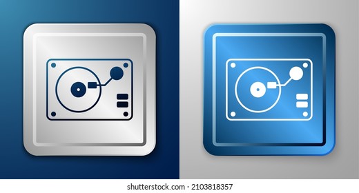 White Vinyl player with a vinyl disk icon isolated on blue and grey background. Silver and blue square button. Vector