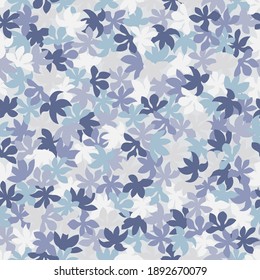 White and violaceous halftone leaves silhouettes on the pastel violet background. Cold lilac decorative style clothing masking camo repeat print. Winter camouflage texture