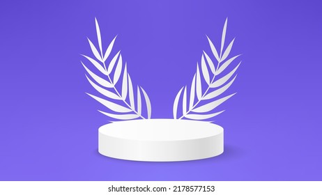 Weiße und violette 3D-Hintergrund-Produktanzeige Podium-Szene mit Blattgeometrischer Plattform. Stell, um Kosmetikprodukte zu zeigen. Realistisches Papier hinterlässt Bühnenvorführung auf dem Sockel violetter Hintergrund.