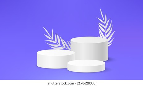 White and violet 3d background product display podium scene with leaf geometric platform. Stand to show cosmetic product. Realistic paper leaves stage showcase on pedestal display purple backdrop.