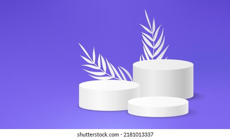 White and violet 3d background product display podium scene with leaf geometric platform. Stand to show cosmetic product. Realistic paper leaves stage showcase on pedestal display purple backdrop.